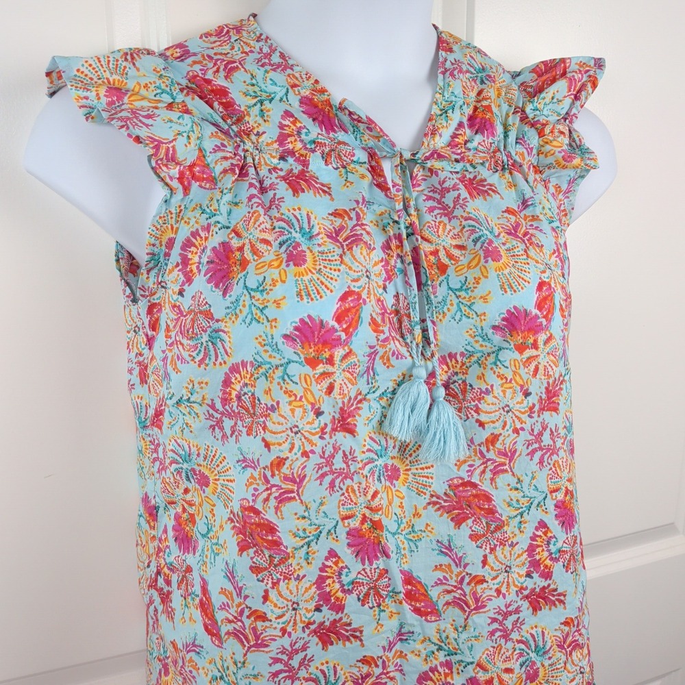 Beachy Vacation Blue Pink Floral Ruffle Sleeve‎ Tassel Tie Cotton Top Blouse